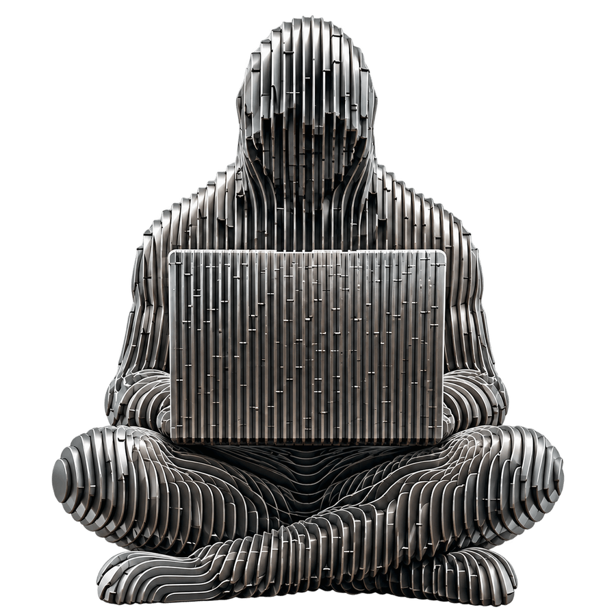 Ilustración de una figura sentada trabajando en una laptop, inspirada en la escultura de Satoshi Nakamoto